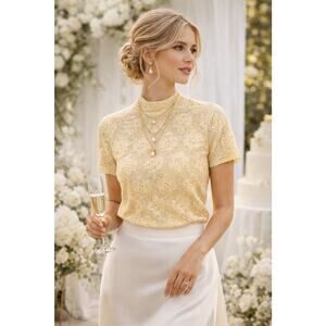 Vtg Floral Sheer Stretch Lace‎ Mock Neck Layering Top Bridal Festival Coquette